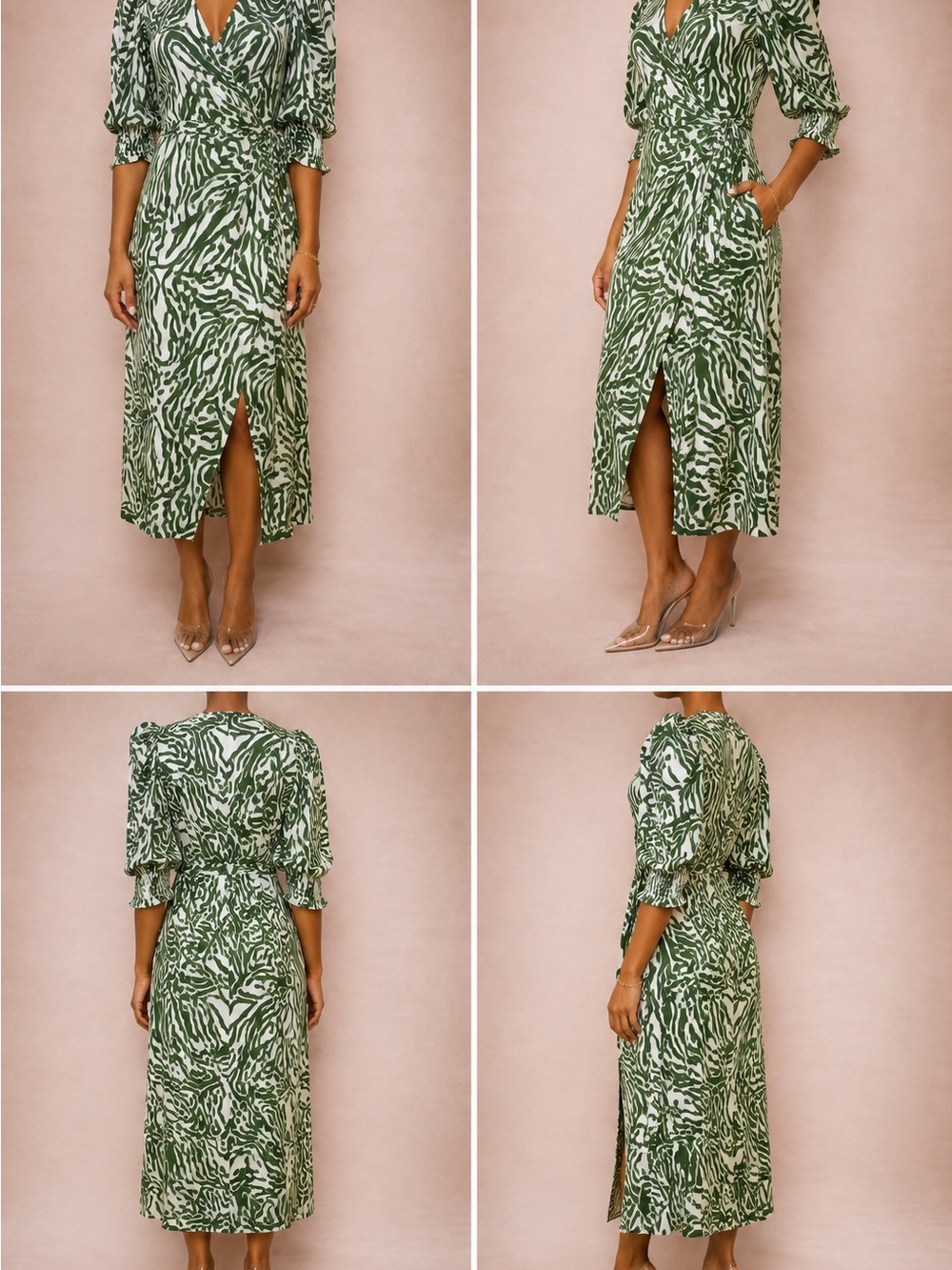 cinq a sept Green and White Zebra-Print Wrap Midi Skirt